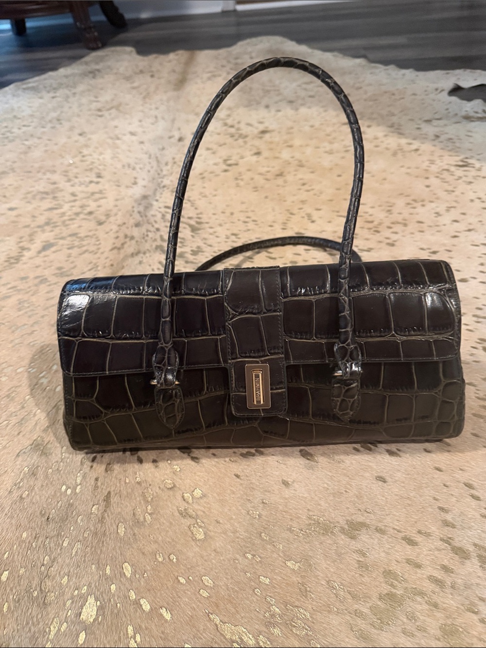 Authentic Brahmin Dayan Shoulder Bag 
Black Croc-Embossed Leather Gold Hardware